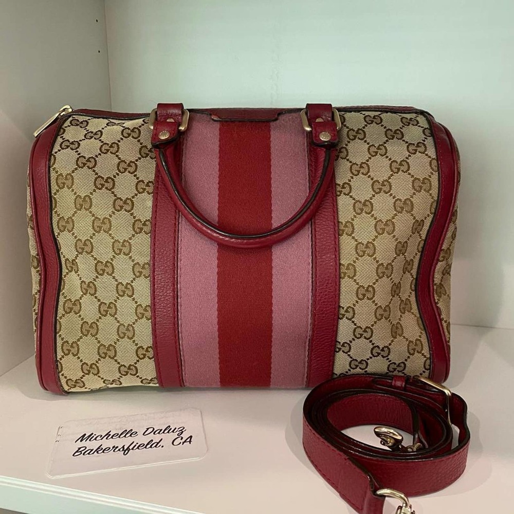 Gucci Rare Boston Bag Medium Canvas Raspberry Trim Vintage